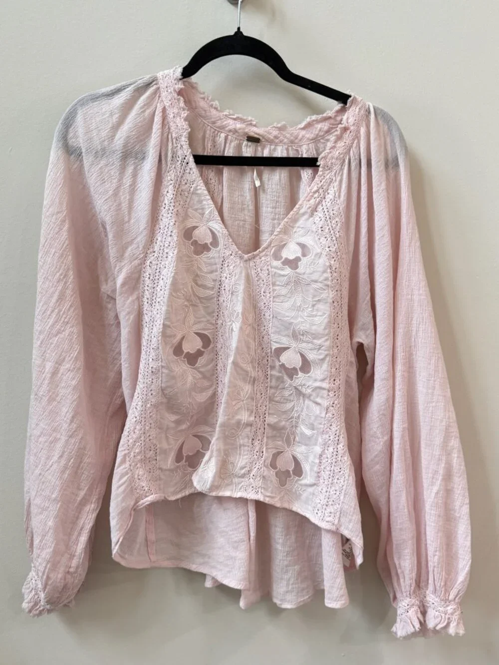 Free People Pale Pink Embroidered V-Neck Peasant Blouse